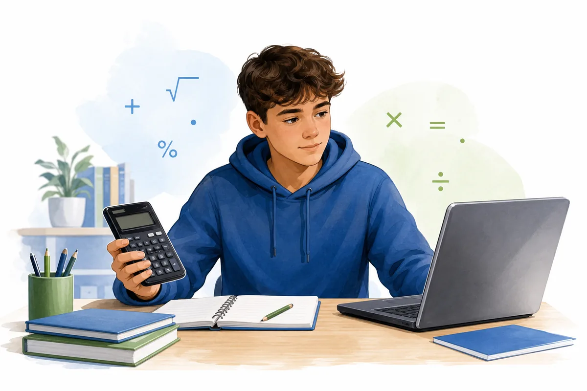 Leerling die een mobiele cijferberekening vergelijkt met een browsercalculator