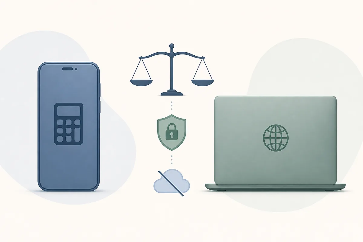 Conceptuele vergelijking van mobiele calculator en browsercalculator met privacy en offline afwegingen