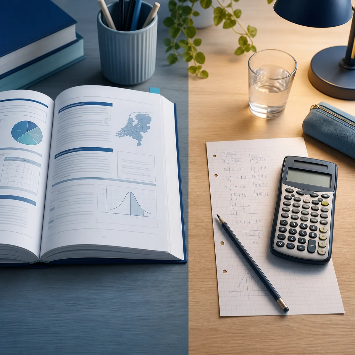Open exameninformatie naast een calculator en persoonlijke cijfernotities