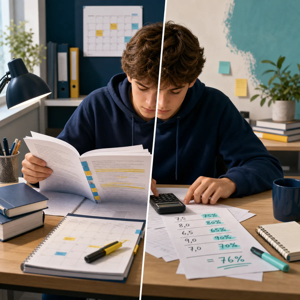 Twee studiesituaties naast elkaar: officiële exameninformatie raadplegen en cijfers met een calculator controleren