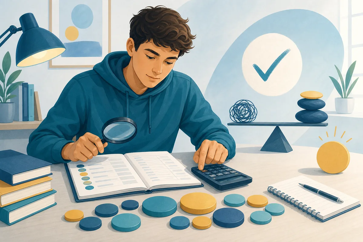 Student controleert een cijferlijst met calculator en gekleurde studiepuntgewichten