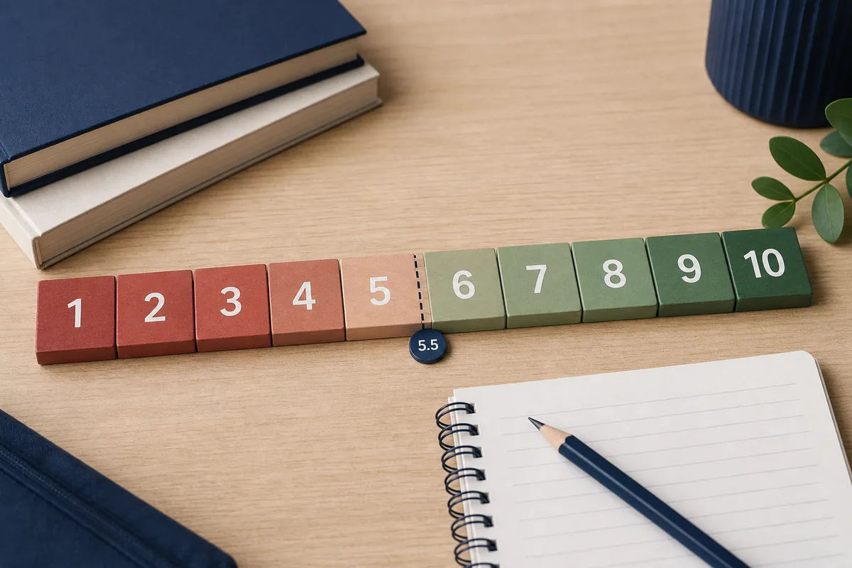 Nederlandse cijferschaal van 1 tot 10 met de voldoendegrens bij 5,5